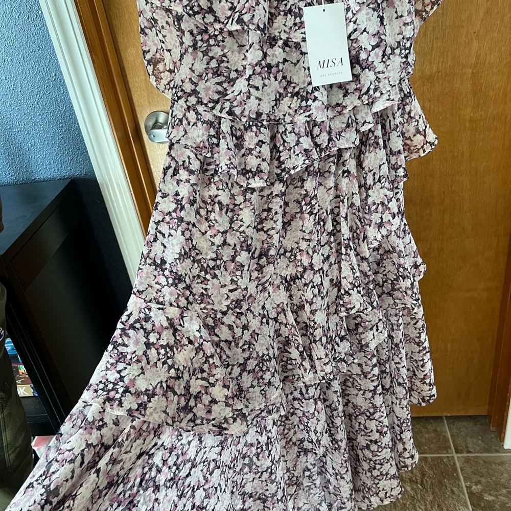 Brand new with tags Misa Los Angeles dress. Tea length, off the shoulder arms.